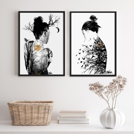 Imagem de Quadros Mulheres Árvores Pássaros Lua 33x24cm - Preto