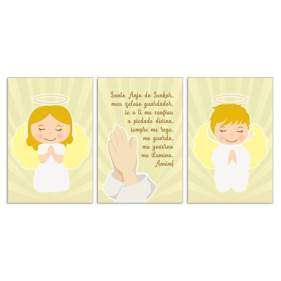 Imagem de Quadros Oração Santo Anjo Neutro Amarelo Kit 3 20x30cm Decorativo Quarto Criança