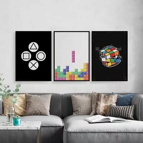 Imagem de Quadros Para Sala 5 Peças Cubo Mágico - Tetris - Botões Video Game"