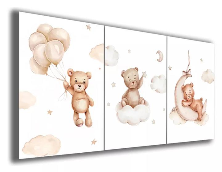 Imagem de Quadros Para Sala 5 Peças Urso Bebê Fofo Balão Nuvens"