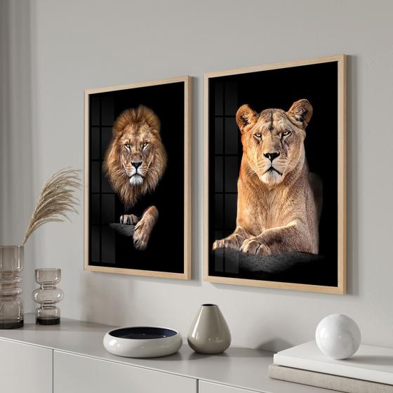 Imagem de Quadros para sala quarto Moldura e vidro Leão e Leoa Família