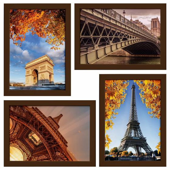 Imagem de Quadros Paris Fotos para Sala Moldura Marrom 33x43cm Kit 4un