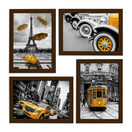 Imagem de Quadros Paris New York Cidades Amarelo 22x32cm Mold Marrom 4