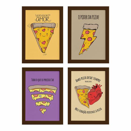 Imagem de Quadros Pizza Divertida Moldura Marrom 33x43cm 4un