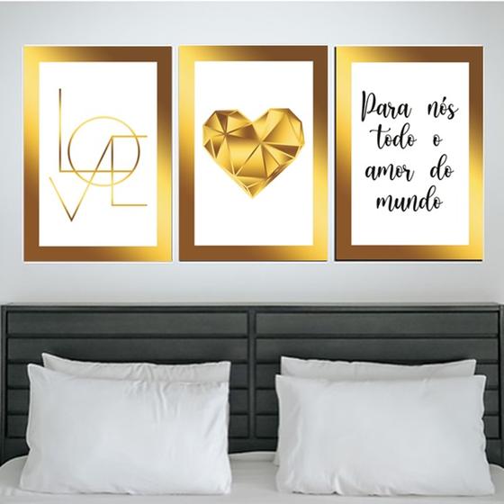 Imagem de Quadros Quarto Casal Gold Coração Amor Love Kit 3 Peças