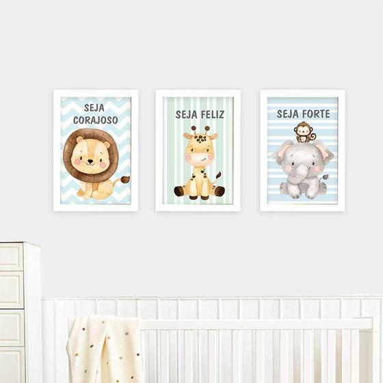 Imagem de Quadros Safari Cute 23x33cm 3 Peças Com Moldura Quarto Menino Decorativo - D.Lima produtos