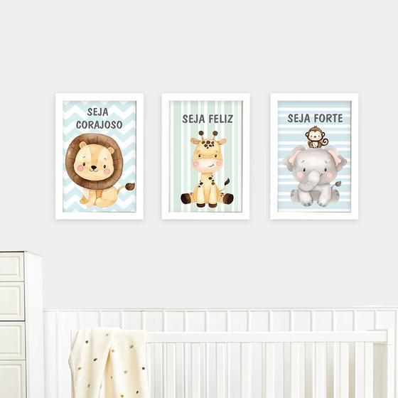 Imagem de Quadros Safari Cute 3 Peças Com Moldura Decoração Infantil Quarto Bebê Menino