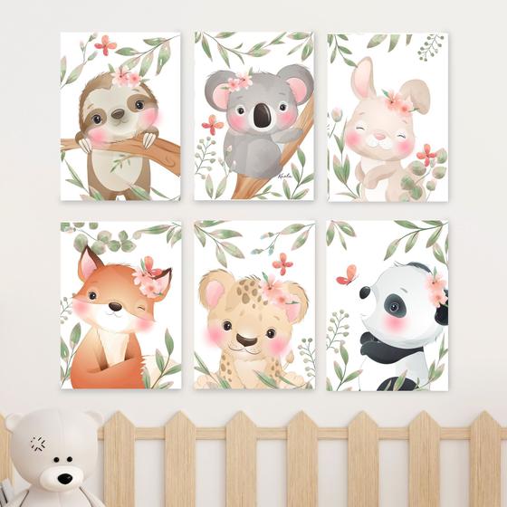 Imagem de Quadros Safari Panda Quarto Infantil Menina 6 Peças 20x28cm