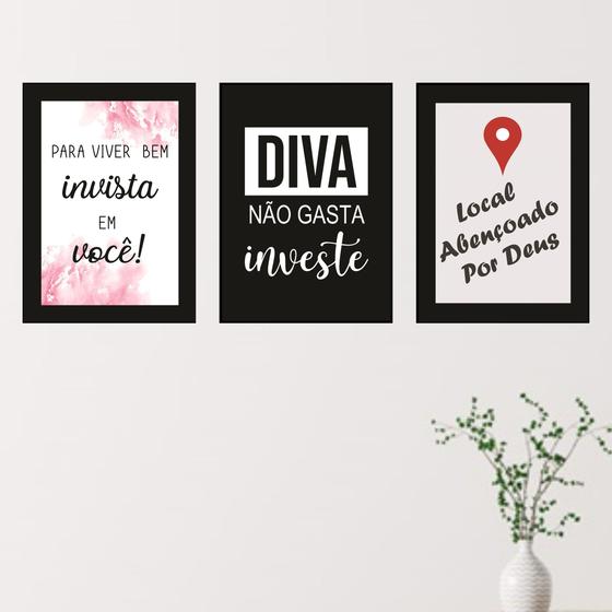 Imagem de Quadros Salão Beleza Mulher Diva Frases Kit 3 Peças 20x28cm