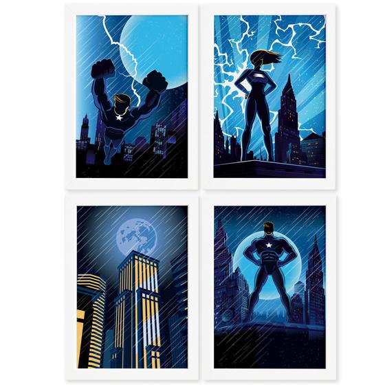 Imagem de Quadros Super Heróis Geek Moldura Branca 33x43cm 4un