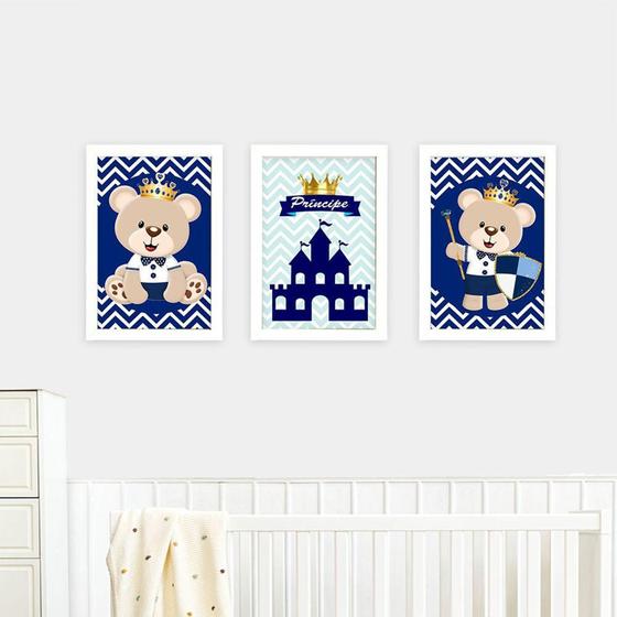 Imagem de Quadros Urso Príncipe Azul Marinho 23x33cm 3 Peças Com Moldura Quarto Menino Decorativo