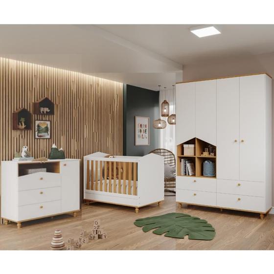 Imagem de Quarto bebê Completo Berço Americano 3 em 1 Guarda-roupas 4 Portas Cômoda 1 Porta 100% MDF