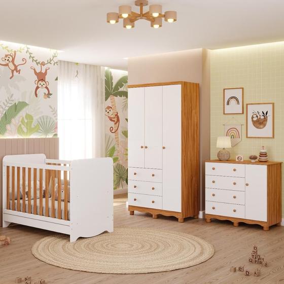 Imagem de Quarto Bebê Completo Berço Americano Ben 3 em 1 Guarda Roupas 3 Portas Cômoda Junior MDF Faura