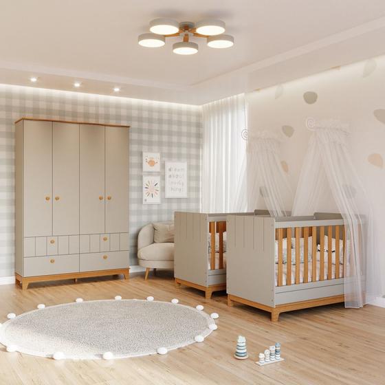 Imagem de Quarto Bebê Gêmeos com 2 Berços Mini Cama e Guarda Roupa 4 portas Liza Permobili