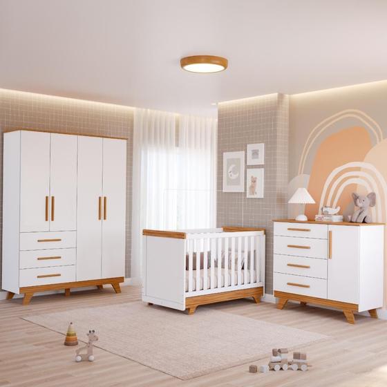 Quarto Bebê Retrô Completo com Guarda Roupa 4 Portas Berço Mini Cama Cômoda 4 Gavetas 100% MDF Móveis Peroba Menor preço em Quarto Bebê Retrô Completo com Guarda Roupa 4 Portas Berço Mini Cama Cômoda 4 Gavetas 100% MDF Móveis Peroba