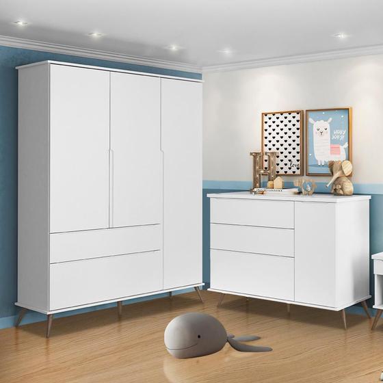 Imagem de Quarto Branco Melinda com Guarda Roupa 3 Portas, Cômoda 1 Porta 100% mdf - Phoenix Baby