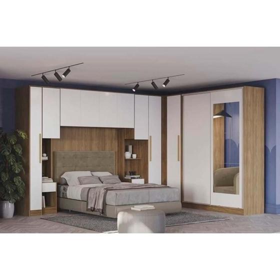 Imagem de Quarto Casal Modulado Adapt 9 Peças Quarto Queen (6 Armários + 1 Ponte Aéreo + 2 Complementos) QCM141 Nogueira/Branco - Kappesberg