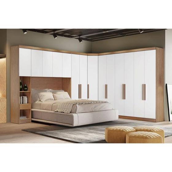 Imagem de Quarto Casal Modulado Rizon 5 Peças (1 Armário Ponte + 1 Closet + 2 Guarda Roupas + 1 Complemento) QC204 Freijo Cumaru c/ Fendi - Novo Horizonte