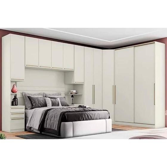 Imagem de Quarto Casal Modulado Seletto 6 Peças (1 Ponte + 1 Closet Canto + 1 G Roupa 2Ptas + 1 G Roupas 2Ptas de Correr + 2 Complementos) QM124 Areia - Henn