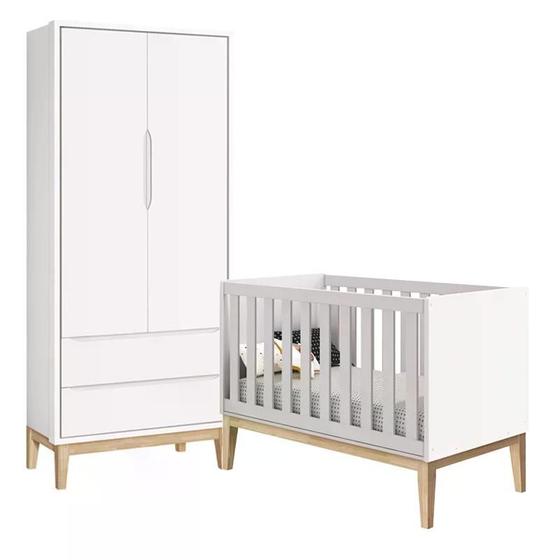 Imagem de Quarto com Berço Classic e Guarda Roupa 2 Portas Branco Fosco e Pés Madeira Natural - Reller Móveis