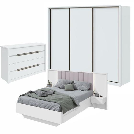 Imagem de Quarto com Guarda-Roupa 3 Portas 6 Gavetas, Cômoda Urban 8 Gavetas e Cama Solaris Branco