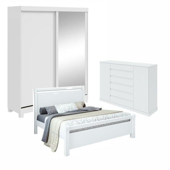 Imagem de Quarto com Guarda-roupa Casal 2 Portas 2 Gavetas, Cômoda 2 Portas 7 Gavetas e Cama Reali Branco