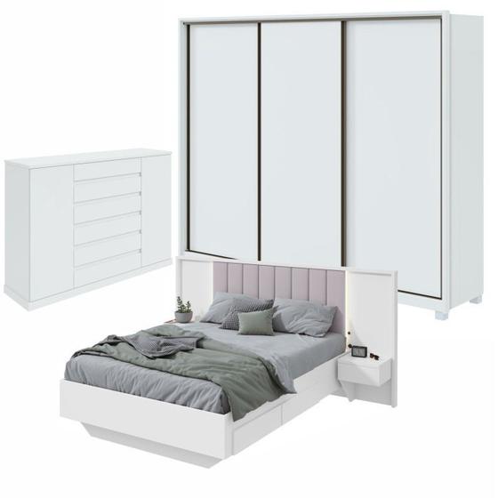 Imagem de Quarto com Guarda-roupa Casal 3 Portas 6 Gavetas, Cômoda 2 Portas 7 Gavetas e Cama Solaris