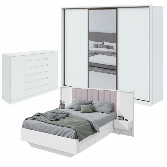 Imagem de Quarto com Guarda-roupa com Espelho 3 Portas 6 Gavetas, Cômoda 2 Portas 7 Gavetas e Cama Solaris