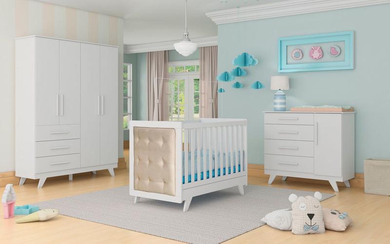 Imagem de Quarto Completo Bebê Moveis Peroba Retro 100% MDF Ls capitonê Bege  Branco