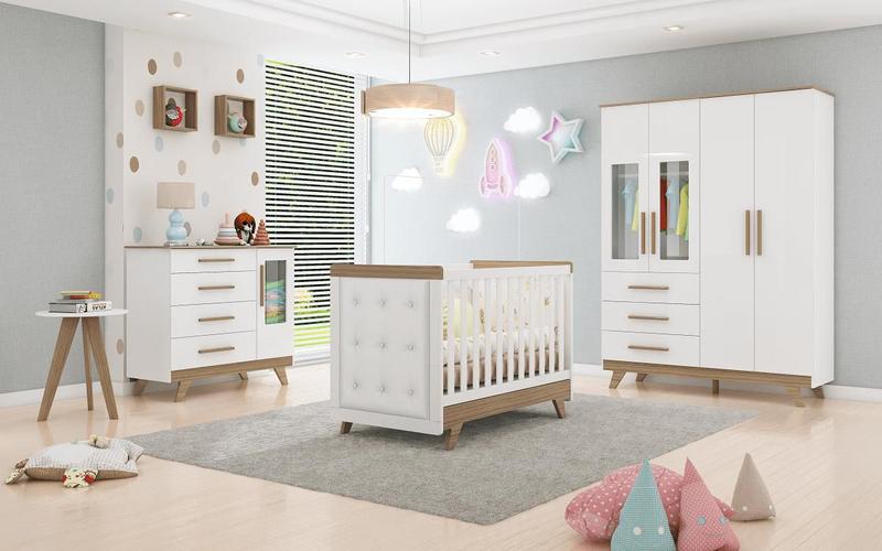 Imagem de Quarto Completo Bebê Moveis Peroba Retro com capitonê 100% MDF Branco Carvalho