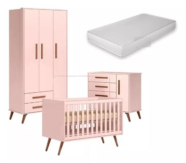 Imagem de Quarto Completo De Bebê Encanto Retrô Rosa Bebê Berço Com Colchão Espuma D-18