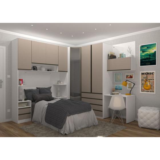 Imagem de Quarto Completo de Canto Solteiro com 8 Módulos e Vidro Reflecta Prime Plus Luciane Móveis