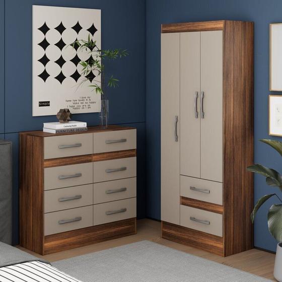 Imagem de Quarto Completo Guarda-roupa 3 Portas e 2 Gavetas e Cômoda 8 Gavetas