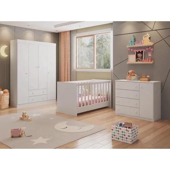 Imagem de Quarto Completo Infantil Helena Guarda Roupa, Comoda e Berço Mini Cama Branco