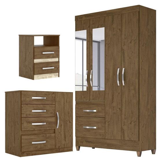 Imagem de Quarto Completo Solteiro Com Guarda Roupa Madri Esp. Cômoda Vênus Mesa de Cabeceira Apolo Castanho Wood Moval