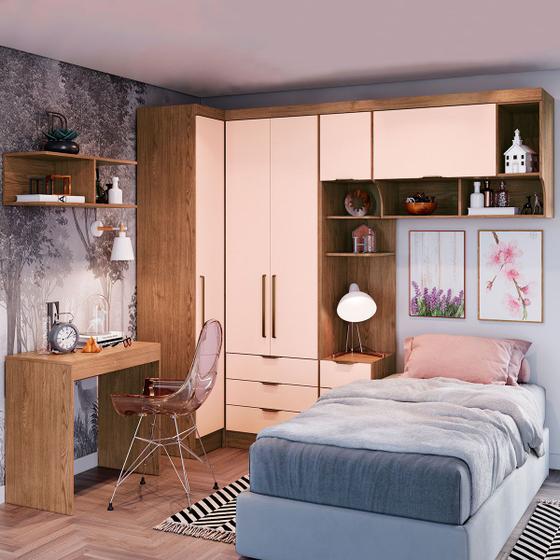 Imagem de Quarto Completo Solteiro Modulado Infinity Macadâmia/Blush Line - Móveis Castro