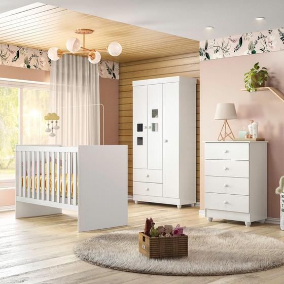 Imagem de Quarto de Bebê 100% MDF Berço com Colchão Cômoda Soft e Guarda Roupa 3 Portas Life