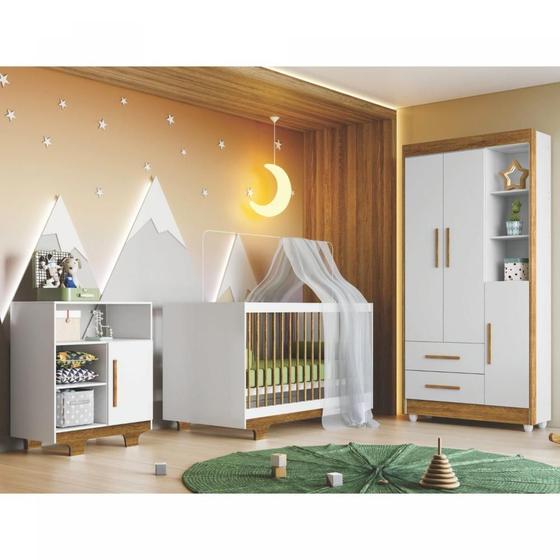 Imagem de Quarto de Bebê 100% MDF Berço Minicama com Colchão, Cômoda e Guarda Roupa Flocos Branco/Ypê