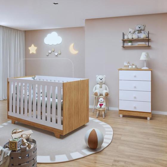 Imagem de Quarto de Bebê 100% MDF com Berço Mini Cama Life e Cômoda Soft Life Branco/Madeirado Ypê