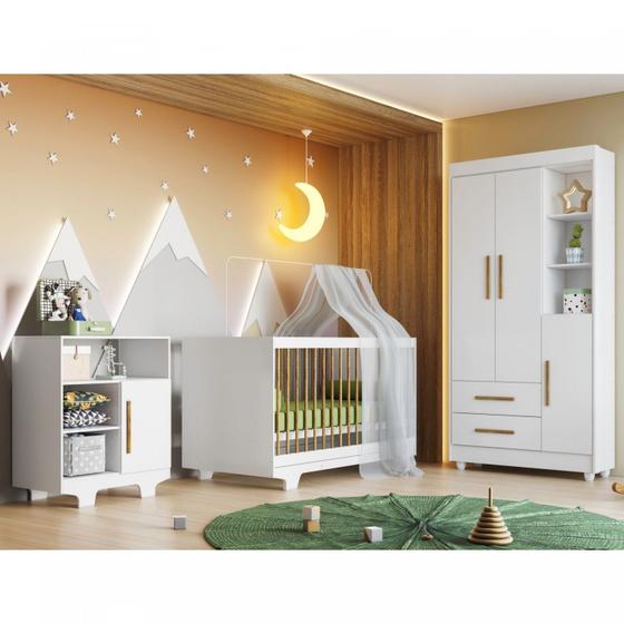 Imagem de Quarto de Bebê 100% MDF com Berço Minicama, Cômoda e Guarda Roupa 3 Portas Flocos
