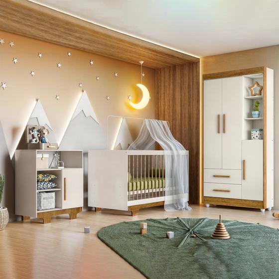 Imagem de Quarto de Bebê 100% MDF com Berço Minicama, Cômoda e Guarda Roupa 3 Portas Flocos
