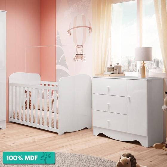 Imagem de Quarto De Bebê 100%Mdf Com Cômoda Ben E Berço Uli Móveis Peroba Branco Brilho