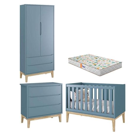 Imagem de Quarto de Bebê 2 Portas e Cômoda Gaveteiro New Classic Azul com Pés Madeira Natural e Colchão Gazin  Reller