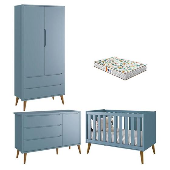 Imagem de Quarto de Bebê 2 Portas Theo Azul Pés Amadeirados com Colchão Gazin  Reller