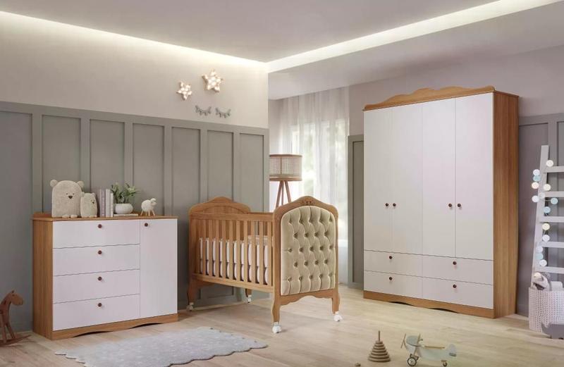 Imagem de Quarto de Bebê 3 Peças com Berço Capitonê Cômoda 4 Gavetas e Guarda Roupa 4 Portas 4 Gavetas Aquarela Espresso Móveis Nature/Branco