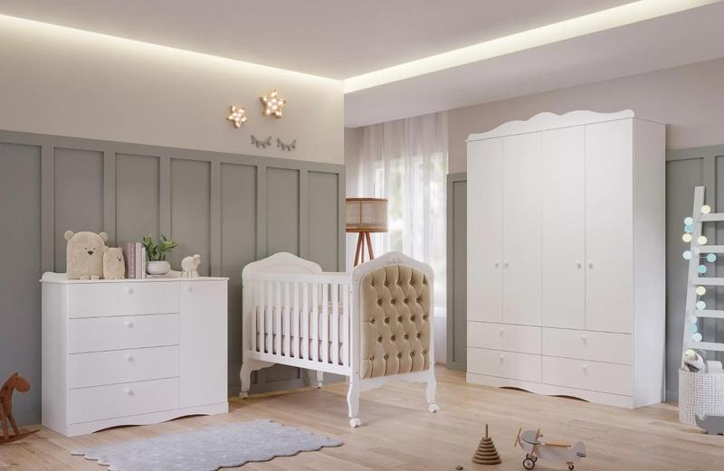 Imagem de Quarto de Bebê 3 Peças com Berço Capitonê Cômoda 4 Gavetas e Guarda Roupa 4 Portas 4 Gavetas Aquarela Espresso Móveis