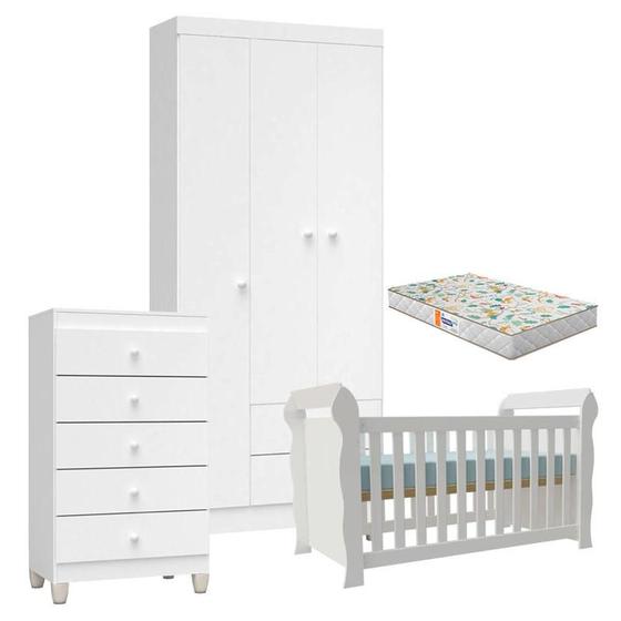 Imagem de Quarto de Bebê 3 Portas com Gaveteiro Ternura Baby e Berço Lara Branco Brilho com Colchão Gazin - Incorplac