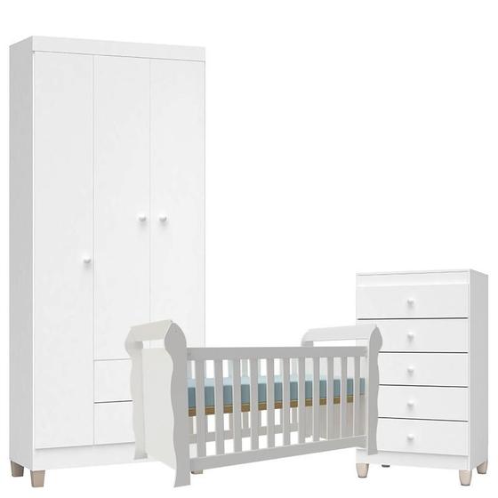 Imagem de Quarto de Bebê 3 Portas com Gaveteiro Ternura Baby e Berço Lara Branco Brilho - Incorplac