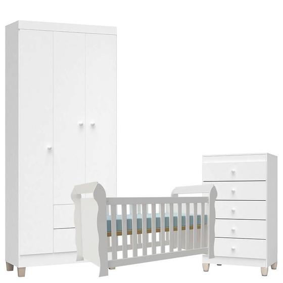 Imagem de Quarto de Bebê 3 Portas com Gaveteiro Ternura Baby e Berço Lara Branco Brilho - Incorplac