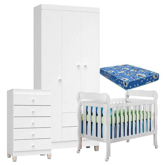 Imagem de Quarto de Bebê 3 Portas com Gaveteiro Ternura Baby e Berço Lila Branco Brilho com Colchão - Incorplac